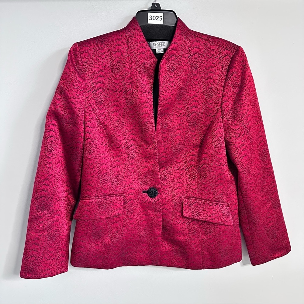 Kasper Women Red and Black Blazer Satiny Jacquard One Button Pockets Formal 12P